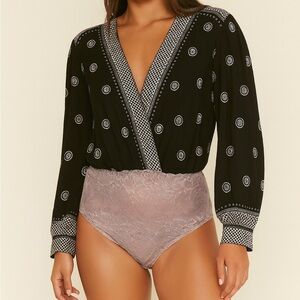 Free People Black and White Patterned Bodysuit size SP
